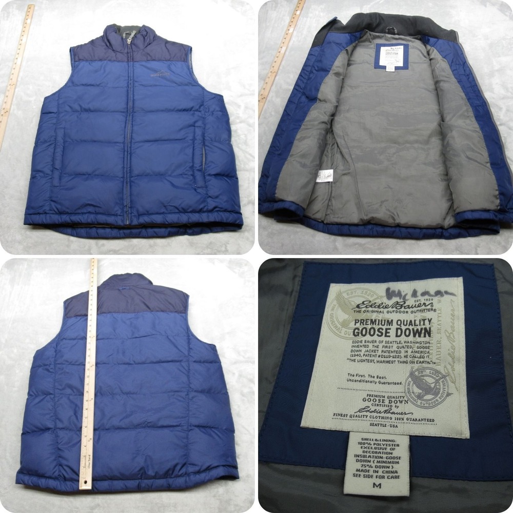 Eddie Bauer Down Vest Mens Medium Blue Lightweight Full Zip Thick Puffer Outdoor